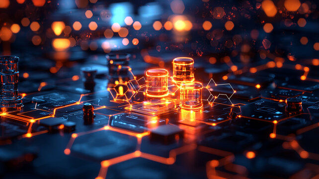 Glowing Hexagon Cityscape: Abstract Digital Technology Background