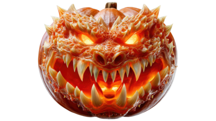 Dragon Carved Pumpkin: A meticulously carved pumpkin, transformed into a fearsome dragon, its fiery eyes glowing with an ethereal light against the seasonal background.