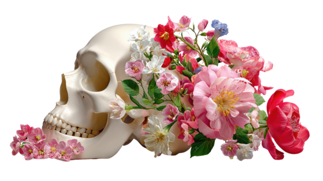 Skull & Floral Harmony: A striking composition featuring a human skull artfully adorned with vibrant, colorful flowers, blending mortality with the beauty of life.