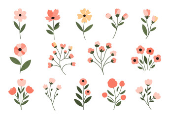 A charming collection of delicate floral illustrations featuring various blossoms and green stems