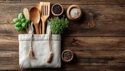 Wooden utensils and herbs in a fabric bag on a wood background