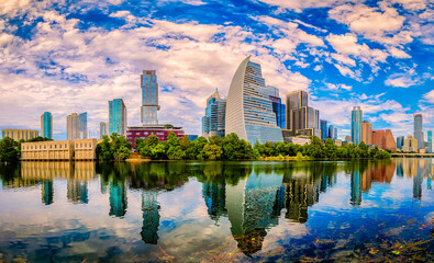 Austin skyline reflected off Lady Bird Lake. © kbose