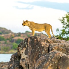 Majestic Lioness Standing Proudly on a Rocky Outcrop Overlooking a Serene Landscape.
