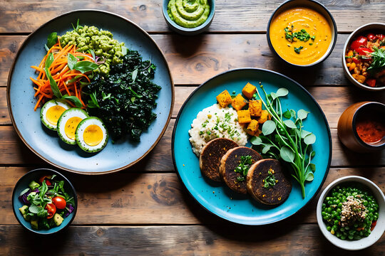Colorful vegan meal with fresh vegetables, grains, and sauces beautifully plated on rustic wooden table, evoking wholesome and healthy vibes