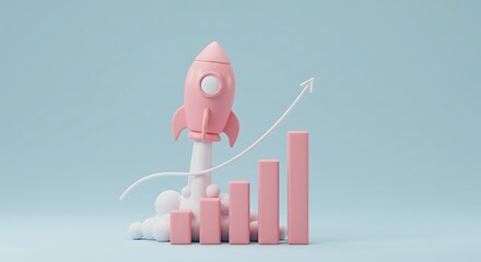 Pink Rocket Ship Launching with Growing Bar Graph Illustrating Business Growth and Success Conceptualizing Startup and Rapid Advancement in a Light Blue Studio Setting