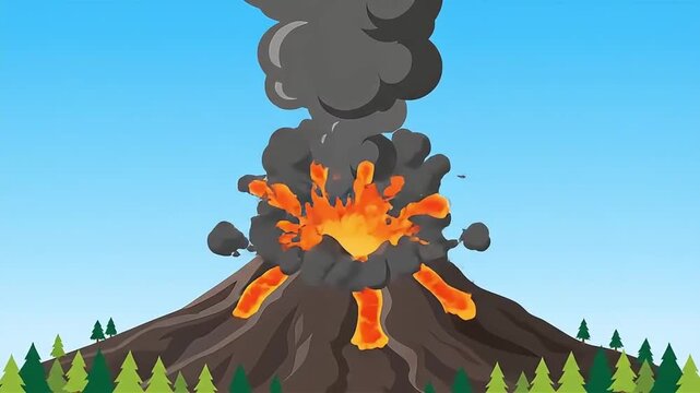 Explosive Cartoon Volcano Eruption with a Billowing Plume of Smoke and Flying Rocks