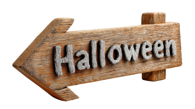 Wooden Sign of Halloween: A rustic wooden arrow directs attention to the spooky season, carved with Halloween and pointing the way to festivities, a celebration of autumnal spirit.