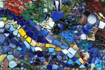 Vibrant mosaic of diverse, multicolored glass and ceramic pieces