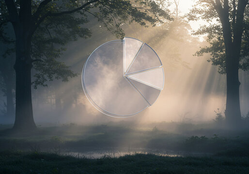 A pie chart overlayed onto a misty forest scene with sunbeams shining through the trees, creating a surreal and conceptual image.