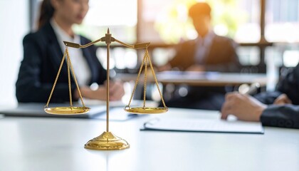 Golden scales of justice on a lawyer's desk