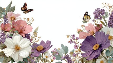 Delicate vintage floral frame with pink, white, and lavender flowers, green leaves, elegant butterflies, soft botanical style, minimal aesthetic, clean white center for baby shower invitations