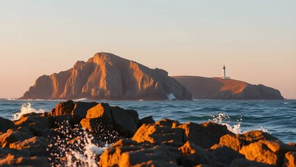 Conceptual Ultra HD 4K Golden Hour Landscape of Îles Sanguinaires with Dramatic Cliffs, Lighthouse, and Waves Crashing on Rocks