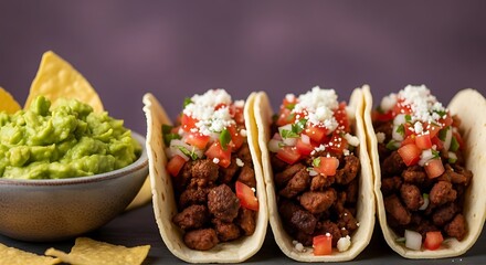 Tasty Mexican Tacos with Guacamole and Tortilla Chips.