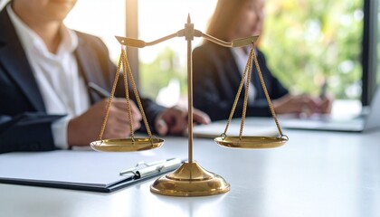 Golden scales of justice on a lawyer's desk