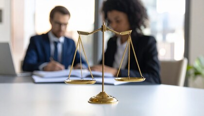Golden scales of justice on a lawyer's desk