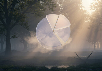 A translucent pie chart hovers in a misty forest clearing, illuminated by sunbeams filtering through the trees.