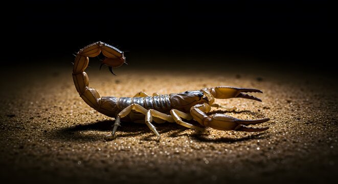 Scorpion on Sand with Raised Tail in Dramatic Spotlight - Powered by Adobe