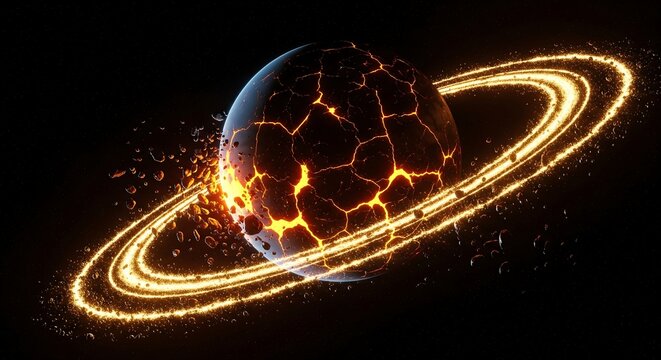 A striking and surreal cosmic scene featuring a dark, cracked planet with glowing golden fissures, suspended in the vast emptiness of space