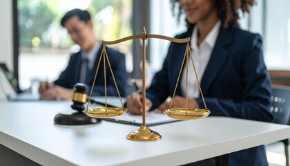 Golden scales of justice on a lawyer's desk