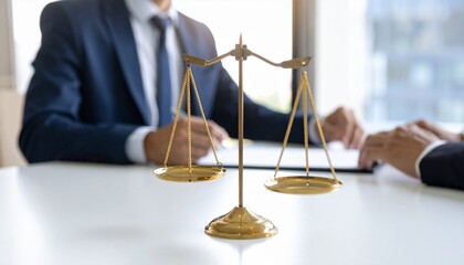Golden scales of justice on a lawyer's desk