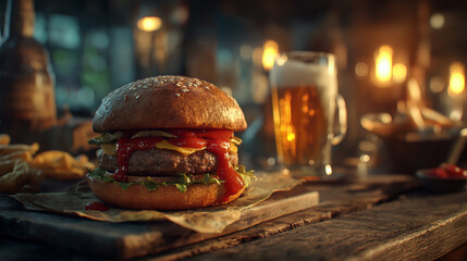 Delicious gourmet burger with beer and fries for a perfect meal