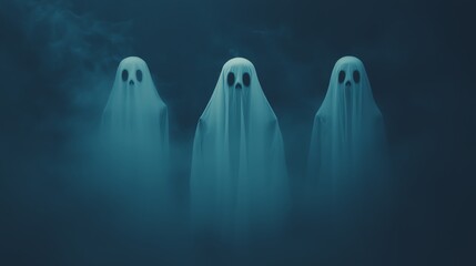 Ghostly silhouettes floating in mist, eerie Halloween party invitation design