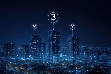 Night cityscape with illuminated skyscrapers, connected by a network of glowing lines, and wireless network icons