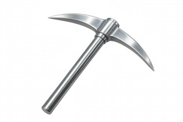 Polished metal pickaxe gleaming with sharp edges, rendered in high-detail 3d with clean, reflective surface against transparent backdrop