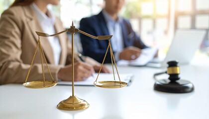 Golden scales of justice on a lawyer's desk