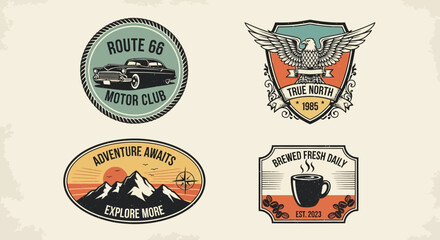A collection of four vintagestyle illustrated emblems with Americana adventure and coffee themes. © Muhammad