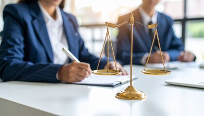 Golden scales of justice on a lawyer's desk