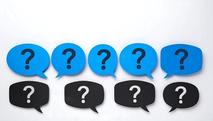 A collection of blue and black speech bubbles with question marks