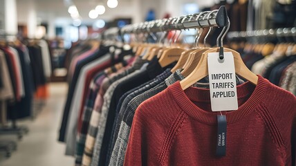 Close up view of a clothing rack filled with various garments and a price tag on a red sweater in a retail store