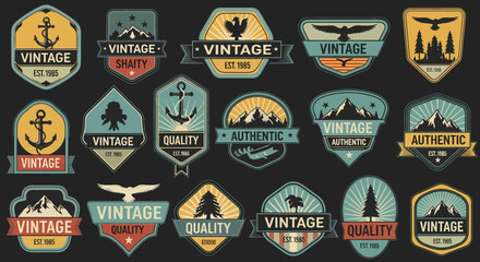 A diverse collection of vintage adventure and nautical emblems featuring mountains anchors and eagles. © Muhammad