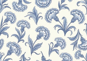 Carnation floral pattern showcases a blue botanical motif, creating a beautiful repeating seamless background