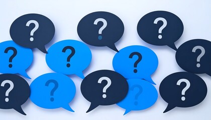 A cluster of question marks on speech bubbles, implying uncertainty or queries