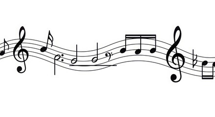 Elegant musical staff with treble clefs and flowing notes representing the beauty and structure of melody and harmony in music composition