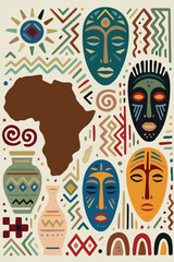 Vector pattern inspired by Africa, featuring people, cultural masks, traditional motifs, and symbolic map elements representing heritage, diversity, identity, and history.