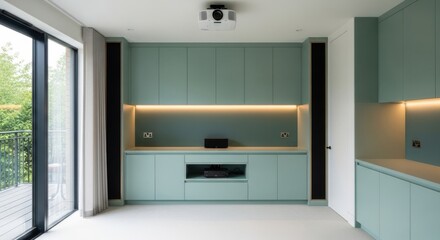 Modern media room with projector and custom cabinetry for stylish home entertainment and relaxation