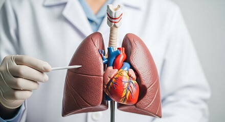 Doctor in lab coat points to human lung model with pen during demonstration