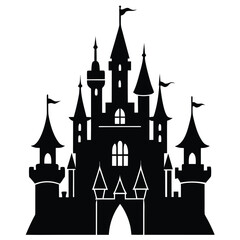 Obraz premium Grand fairytale castle silhouette with flags black