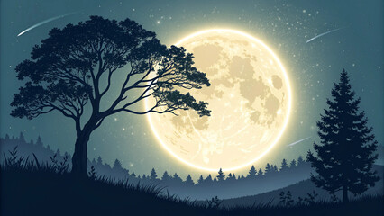 A serene night landscape featuring a large moon trees and shooting stars in a peaceful setting © ahmad hussain