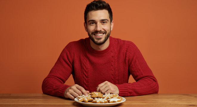 Smiling man in burgundy cable knit sweater at wooden table with plate of festive gingerbread cookies with white icing for holiday baking and christmas food marketing promotion horizontal - Powered by Adobe