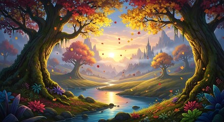 Enchanted Forest Sunrise Landscape Painting.