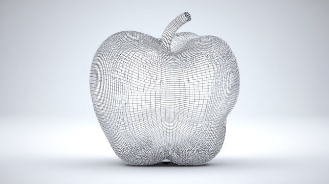 Wireframe render of an apple on a white surface, softly lit