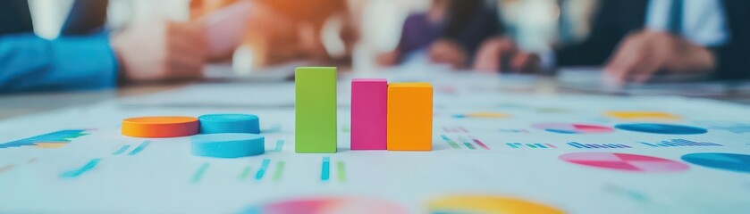 Colorful Business Graph and Finance Data Visualization with Bar Charts and Coins on a Modern Office Table for Market Analysis and Investment Planning