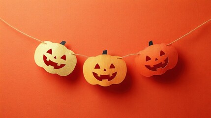 Festive Halloween Pumpkin Garland Against Orange Background for Holiday Celebrations and Decorations