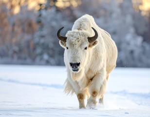 Majestic white bison in snowy landscape