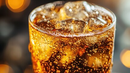 Refreshing dark soda beverage with ice cubes in a clear glass. Use it for beverage ads, summer themes, or restaurant menus.