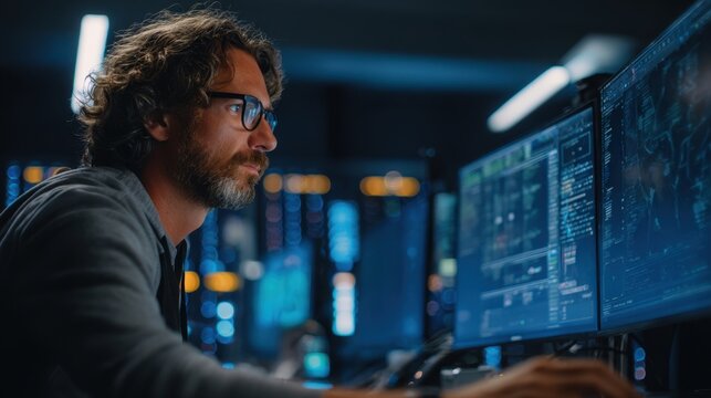 Medium shot of a data center technician analyzing identitybased security alerts with a focus on the screen indistinct servers behind.